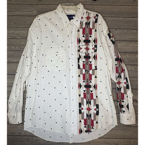 Wrangler Mens XXL Aztec Button Up White Western Cowboy Long Sleeve Shirt Vintage